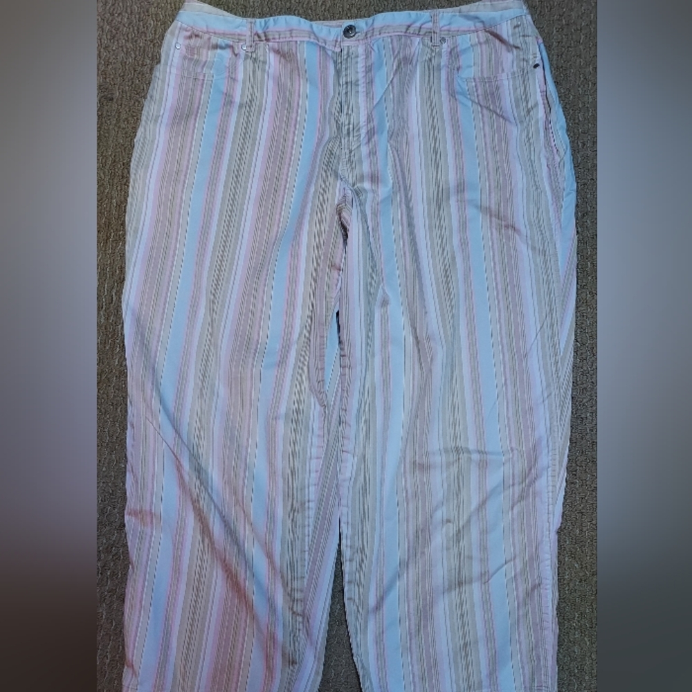 Kate Hill Womens 18W Cotton Stretch Capri Pant Size Pink Tan Blue White Striped